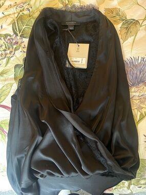 AllSaints Black Satin Lace Wrap Bodysuit Romper